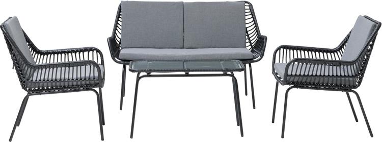 Tilburg aiamööblikomplekt, diivan + 2 tugitooli + laud 75x45cm klaaskaanega, must polürotang