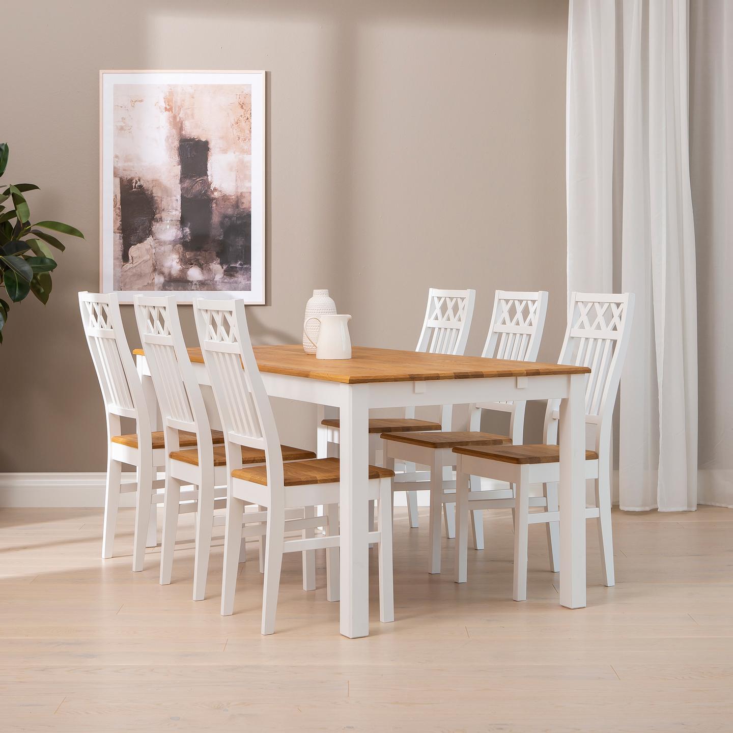 Hovi söögilaua komplekt 170x85. Valge/tamme värvi laud. Valge tool, tammepuidust iste