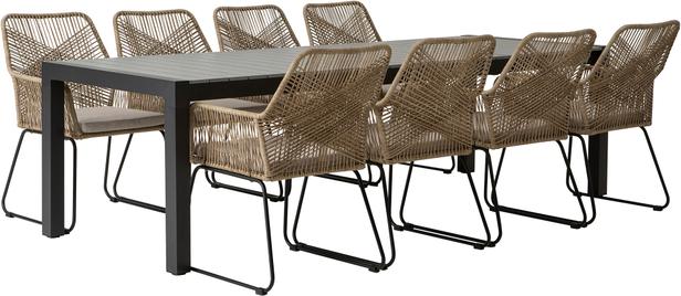 Dakota & Maren aiamööblikomplekt, laud ja toolid kaheksale pikendatava lauaga