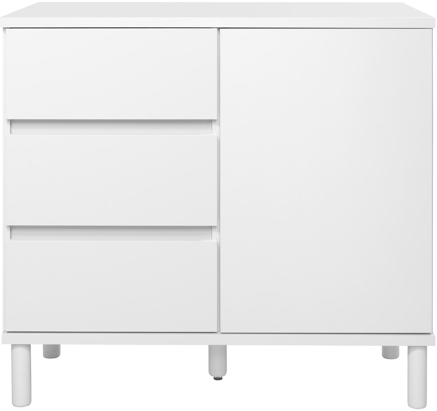 Sata kummutkapp nr. 17. 92 cm, uks paremal + 3 sahtlit, valge, ümar jalg