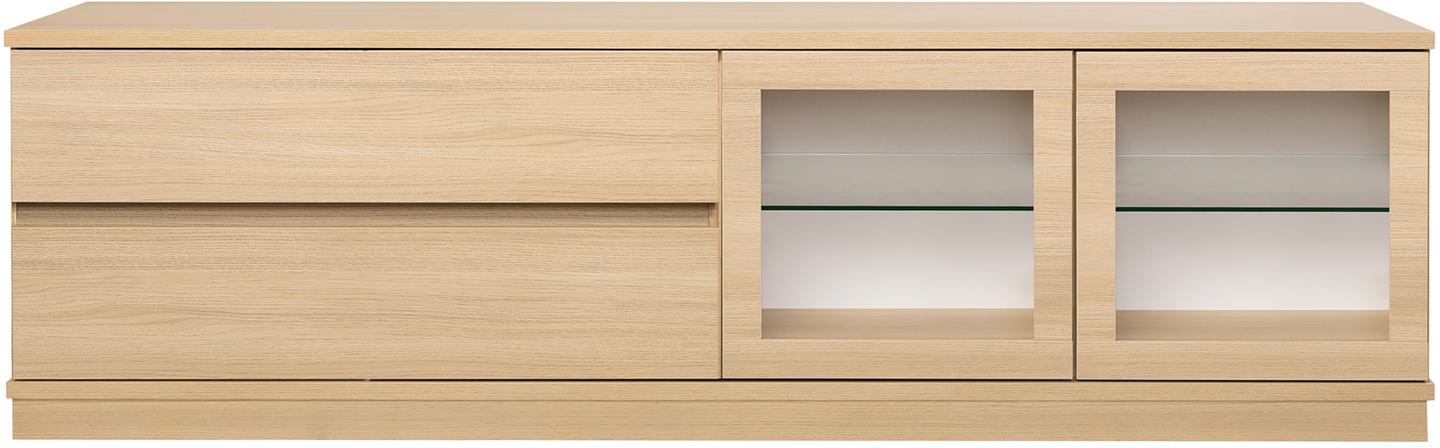 Sata kapp nr. 48. 183 cm, 2 klaasust paremal + 2 sahtlit, hele tamm, sokkel