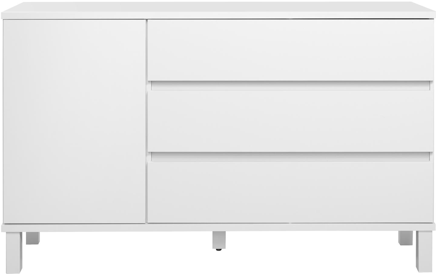 Sata puhvetkapp nr. 54. 138 cm, uks vasakul + 3 sahtlit, valge, kandiline jalg