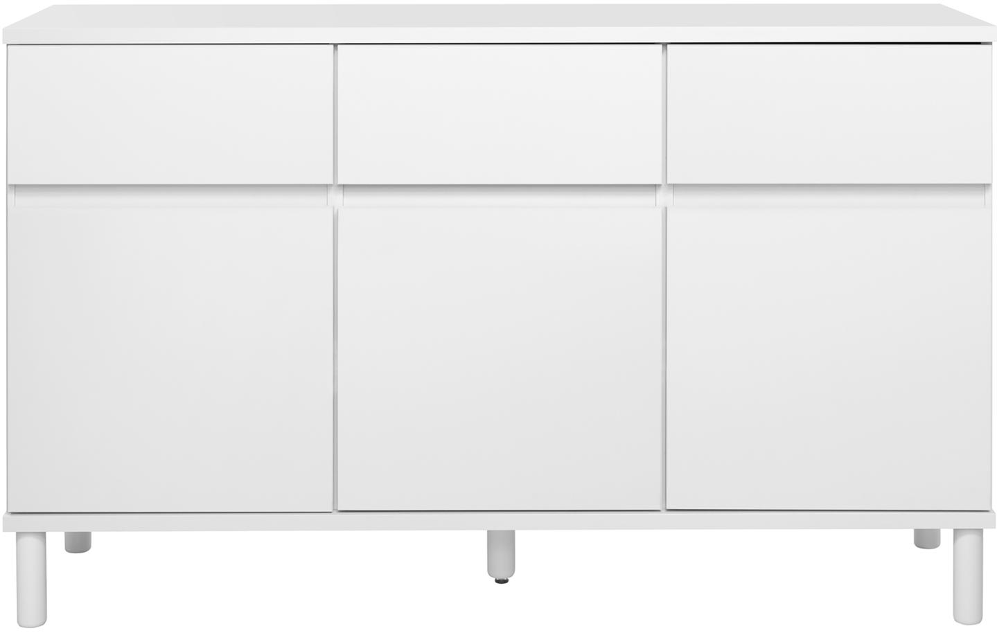 Sata puhvetkapp nr. 59. 138 cm, 3 ust + 3 sahtlit, valge, ümar jalg