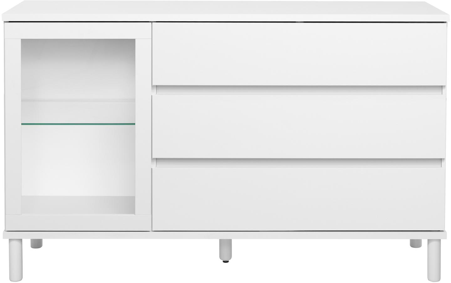 Sata puhvetkapp nr. 60. 138 cm, klaasuks vasakul + 3 sahtlit, valge, ümar jalg