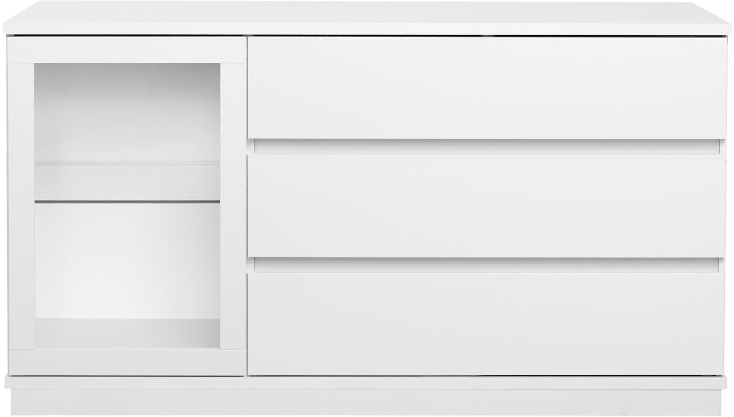 Sata puhvetkapp nr. 60. 138 cm, klaasuks vasakul + 3 sahtlit, valge, sokkel