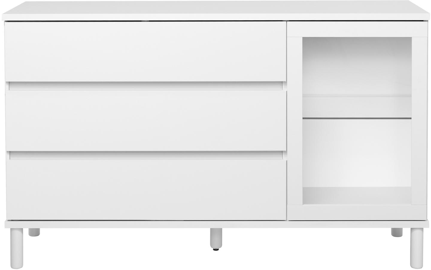 Sata puhvetkapp nr. 61. 138 cm, klaasuks paremal + 3 sahtlit, valge, ümar jalg