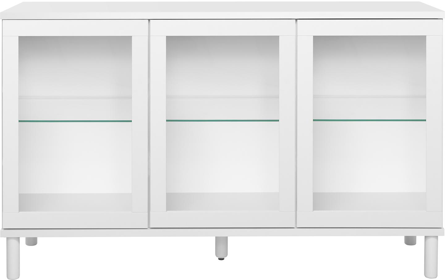 Sata puhvetkapp nr. 63. 138 cm, 3 klaasust + 3 sahtlit, valge, ümar jalg