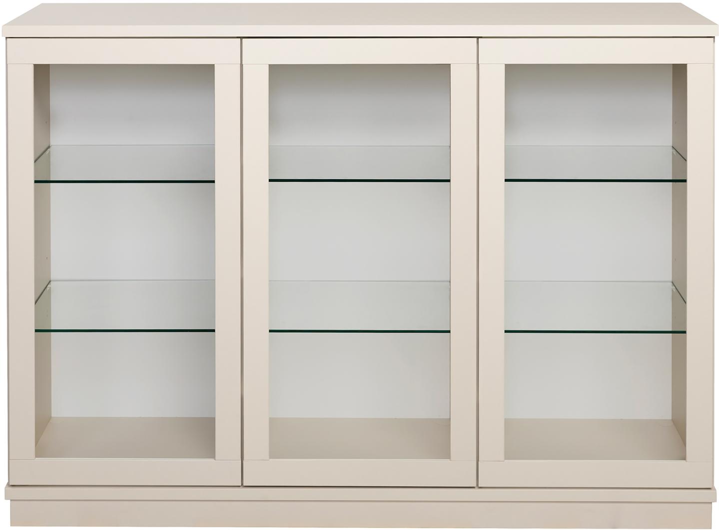 Sata kõrge puhvetkapp nr. 68. 138 cm, 3 klaasust, greige, sokkel