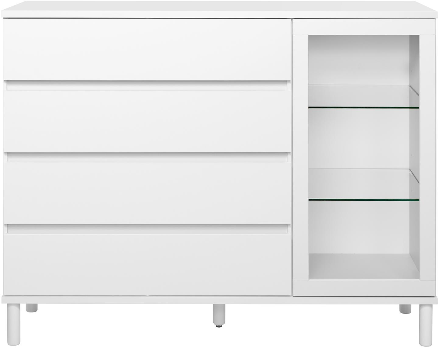 Sata kõrge puhvetkapp nr. 70. 138 cm, 1 klaasuks paremal + 4 sahtlit, valge, ümar jalg