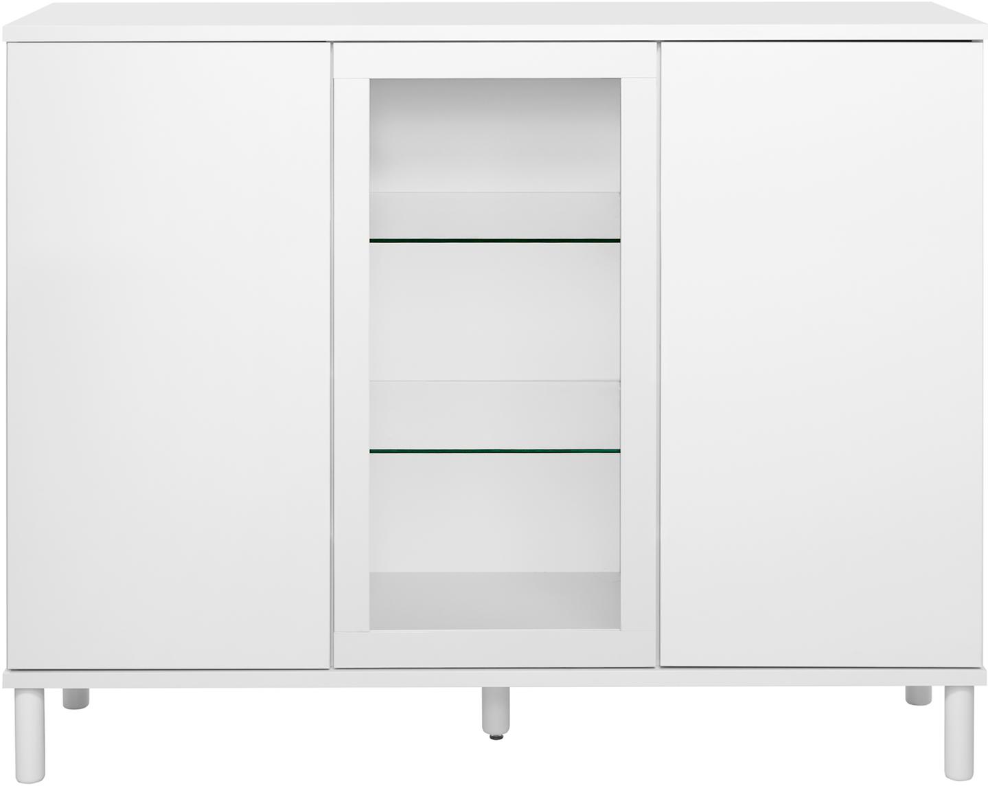 Sata kõrge puhvetkapp nr. 71. 138 cm, 1 klaasuks + 2 ust, valge, ümar jalg