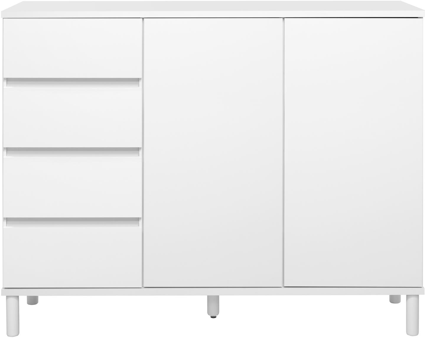 Sata kõrge puhvetkapp nr. 72. 138 cm, 4 sahtlit vasakul + 2 ust, valge, ümar jalg