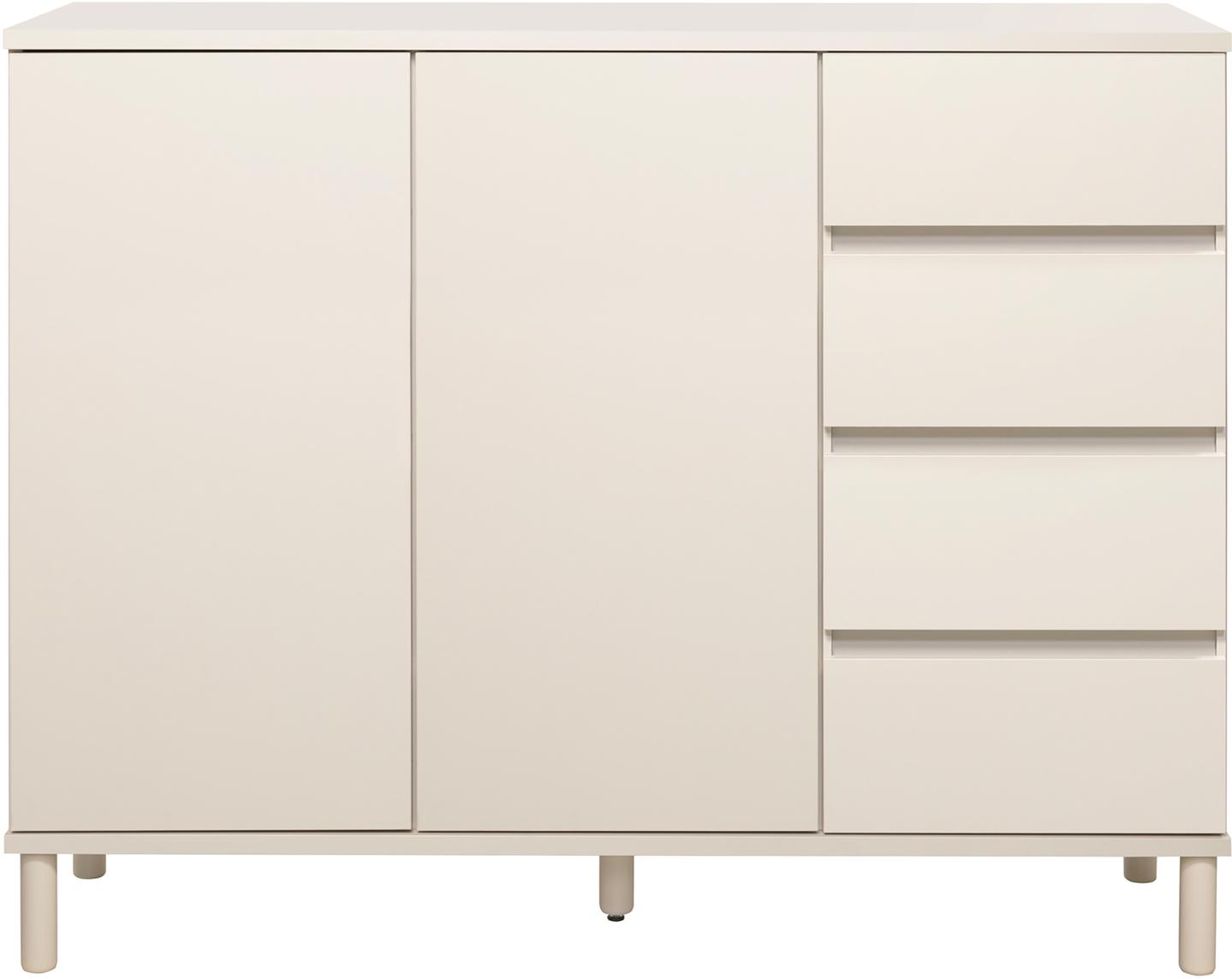 Sata kõrge puhvetkapp nr. 73. 138 cm, 4 sahtlit paremal + 2 ust, greige, ümar jalg