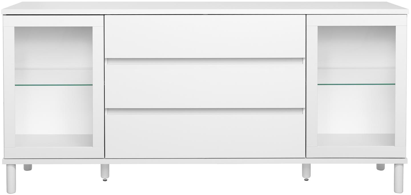 Sata lai puhvetkapp nr. 75. 183 cm, 2 klaasust + 3 sahtlit, valge, ümar jalg