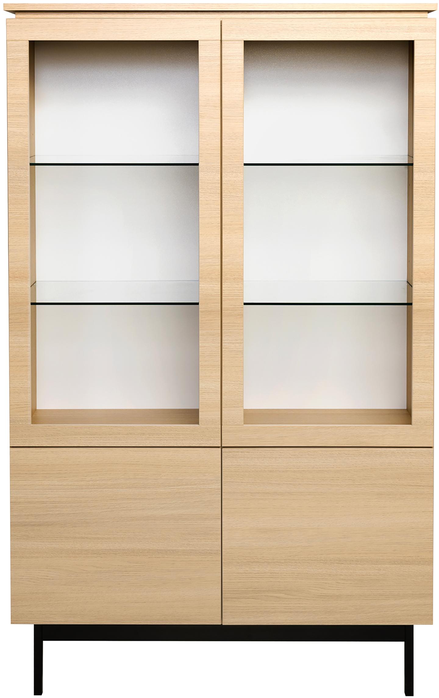 Lakeus vitriin nr. 7. 99 cm, topeltkaanega, hele tamm, must metall sokkeljalg