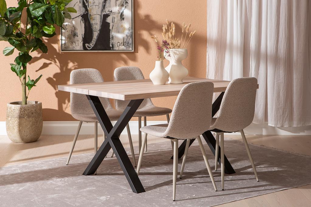 Isla & Maria söögilauakomplekt 140x95cm neljale, X-jalg, whitewash/beež