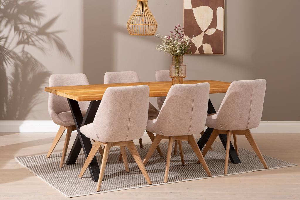 Estelle & Everly söögilauakomplekt 190x95cm kuuele, X-jalg, tamm/liiv