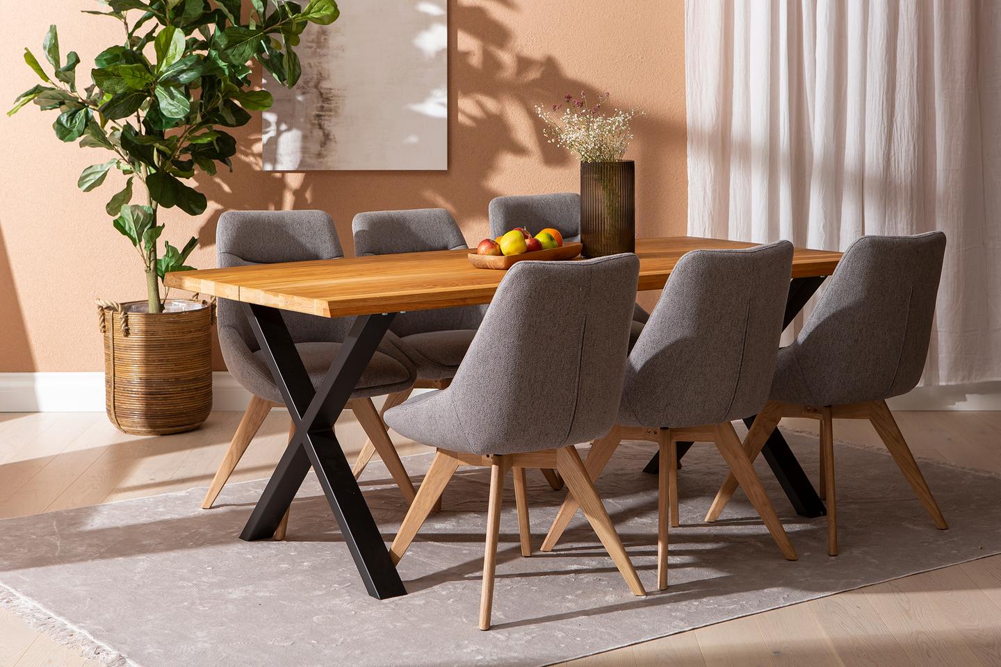 Estelle & Everly söögilauakomplekt 190x95cm kuuele, X-jalg, tamm/hall