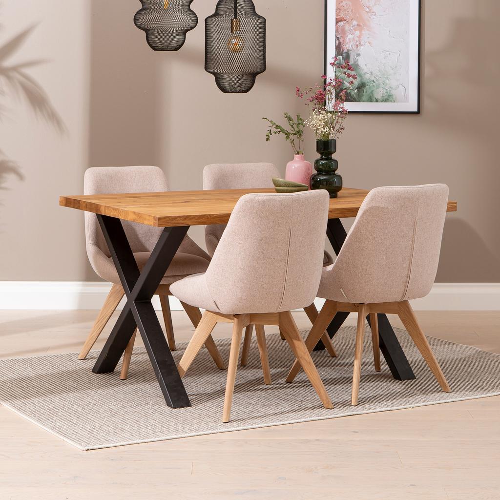 Isla & Everly söögilauakomplekt 140x95cm neljale, X-jalg, tamm/liiv