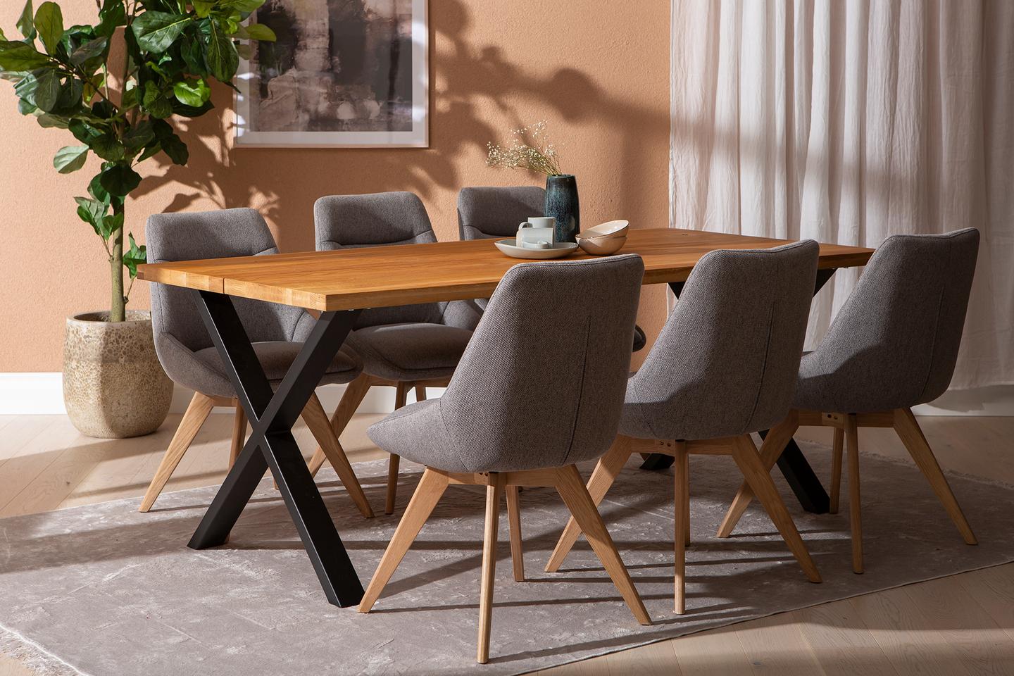 Isla & Everly söögilauakomplekt 190x95cm kuuele, X-jalg, tamm/hall