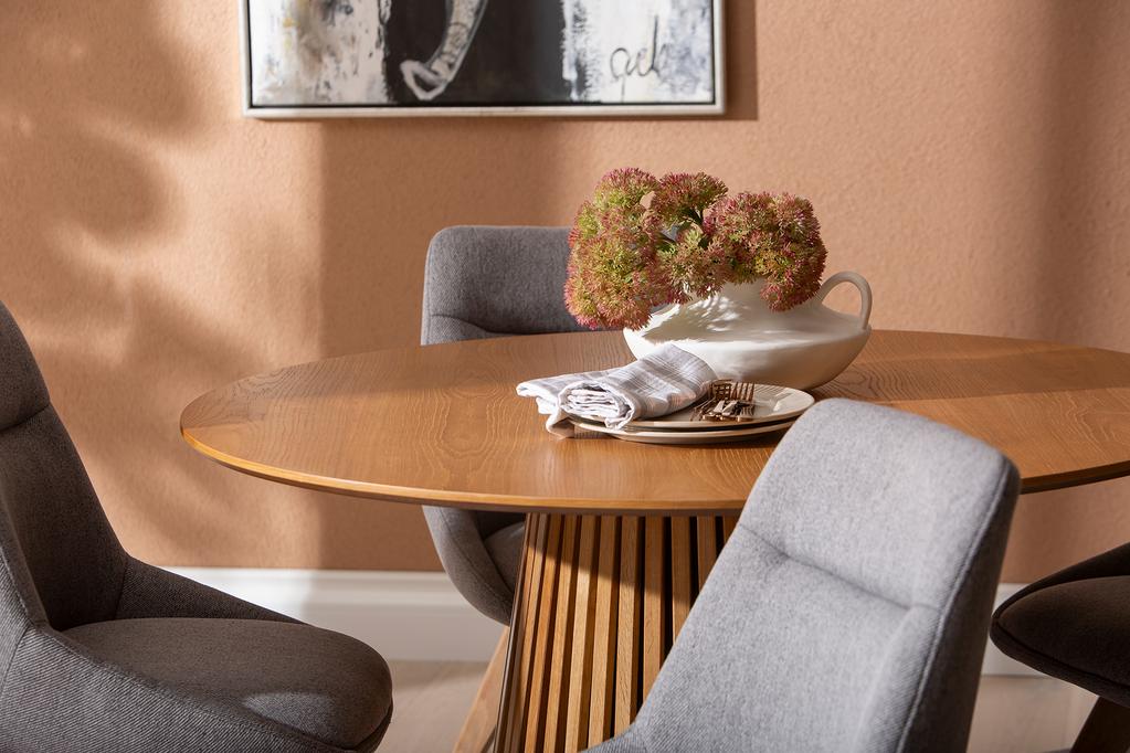 Metz & Everly söögilauakomplekt ümar 120cm neljale, spoonitud tamm/hall