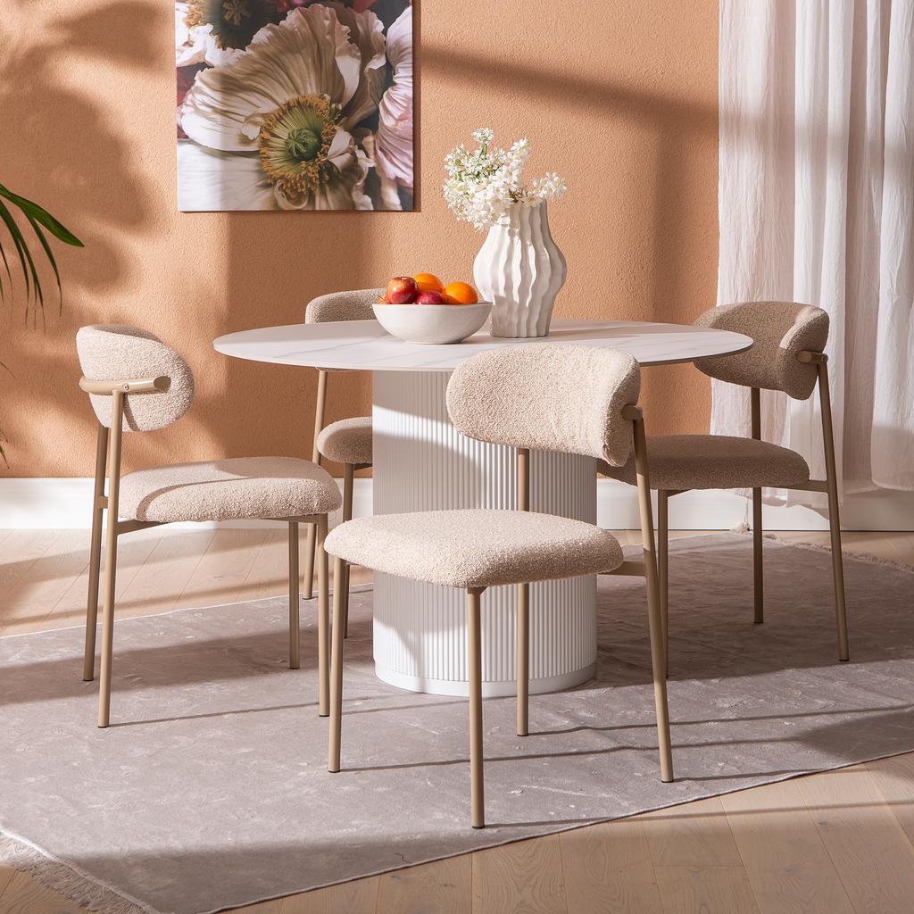 Kalida & Bow söögilauakomplekt ümar 120cm neljale, valge/khaki