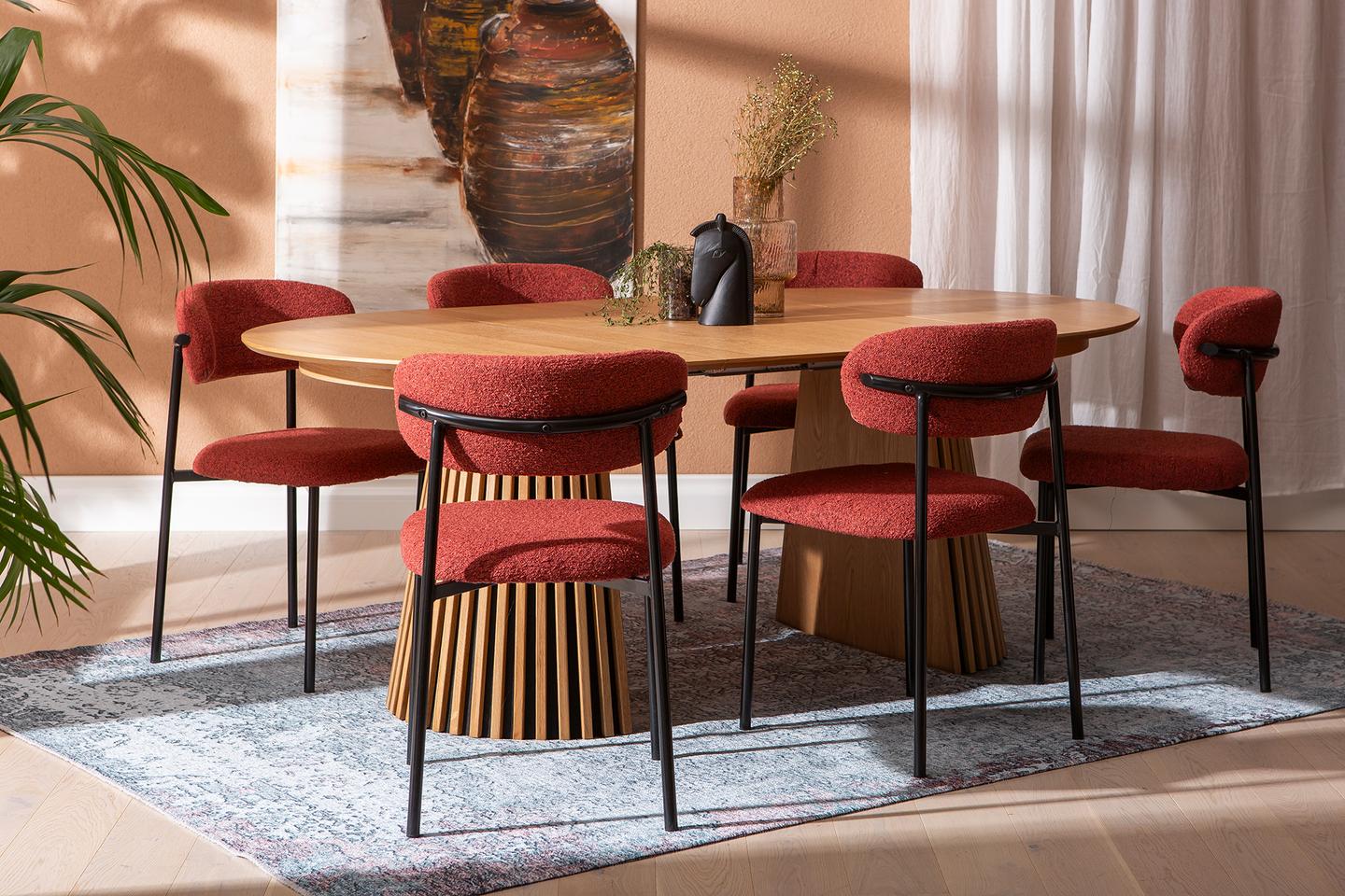 Metz & Bow söögilauakomplekt ovaalne/pikendatav 120/160/200x120cm kuuele, spoonitud natural tamm / punane