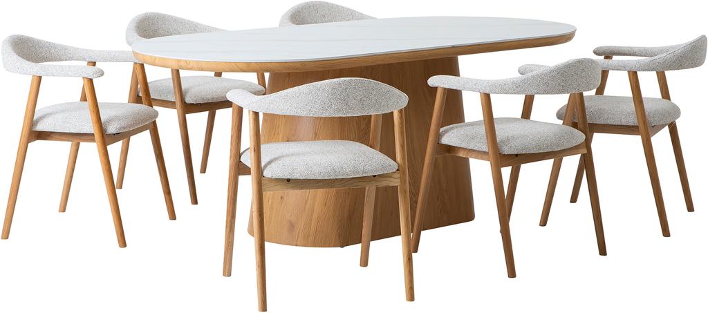 Gordon& Nicola söögilauakomplekt ovaalne 210x110cm kuuele, valge marmor/tamm