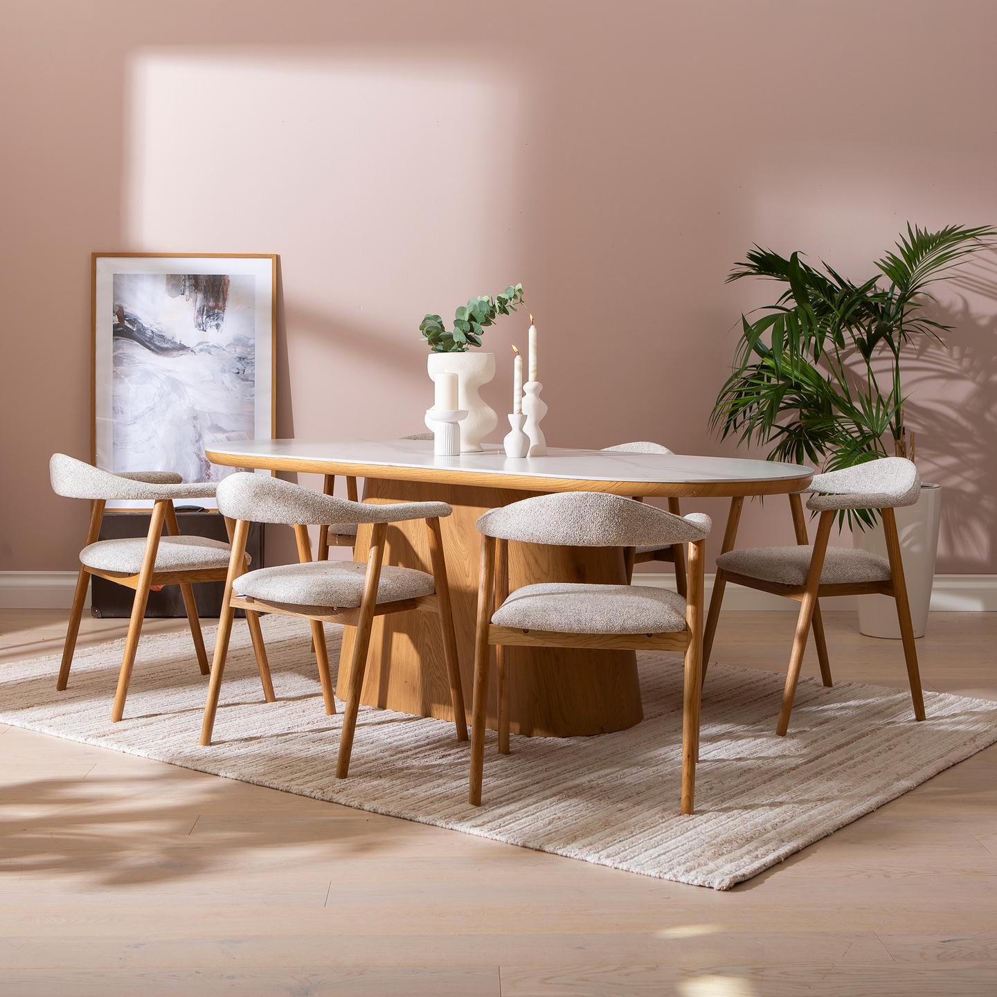 Gordon& Nicola söögilauakomplekt ovaalne 210x110cm kuuele, valge marmor/tamm