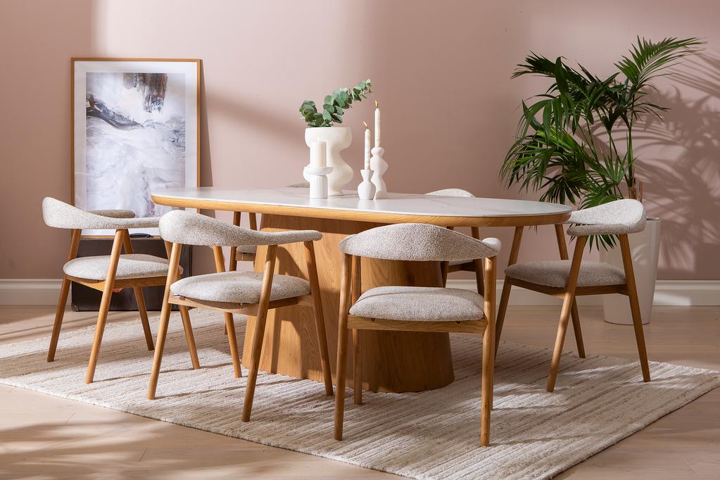 Gordon& Nicola söögilauakomplekt ovaalne 210x110cm kuuele, valge marmor/tamm