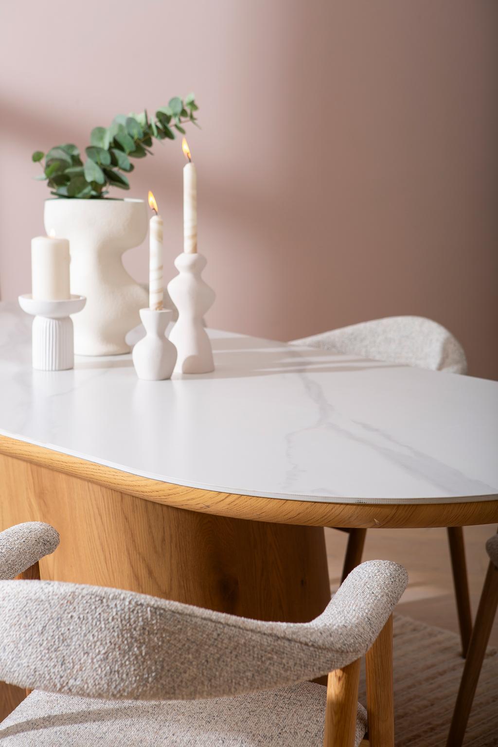 Gordon& Nicola söögilauakomplekt ovaalne 210x110cm kuuele, valge marmor/tamm