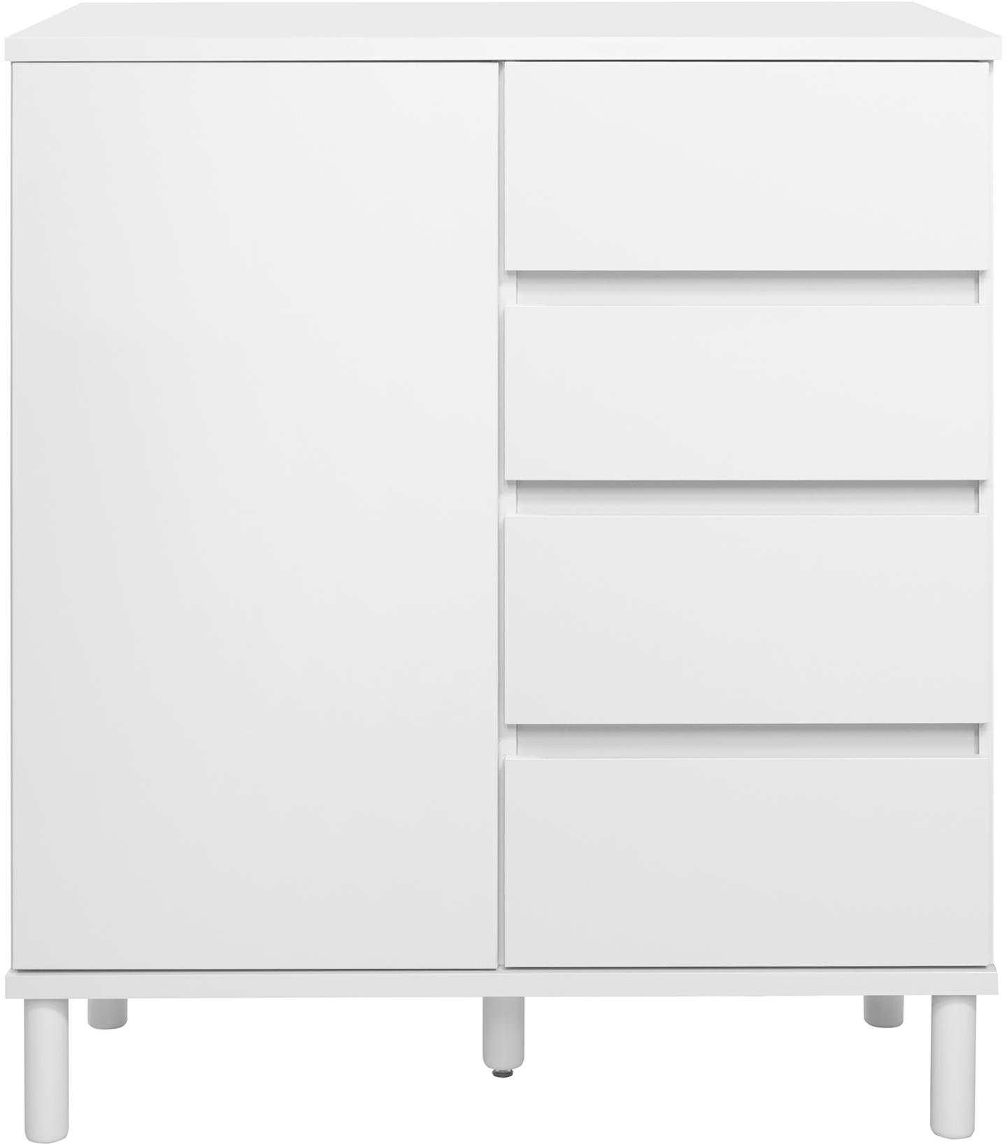 Sata kummutkapp nr. 24. 92 cm, uks vasakul + 4 sahtlit, valge, ümar jalg