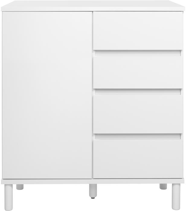 Sata kummutkapp nr. 24. 92 cm, uks vasakul + 4 sahtlit, valge, ümar jalg