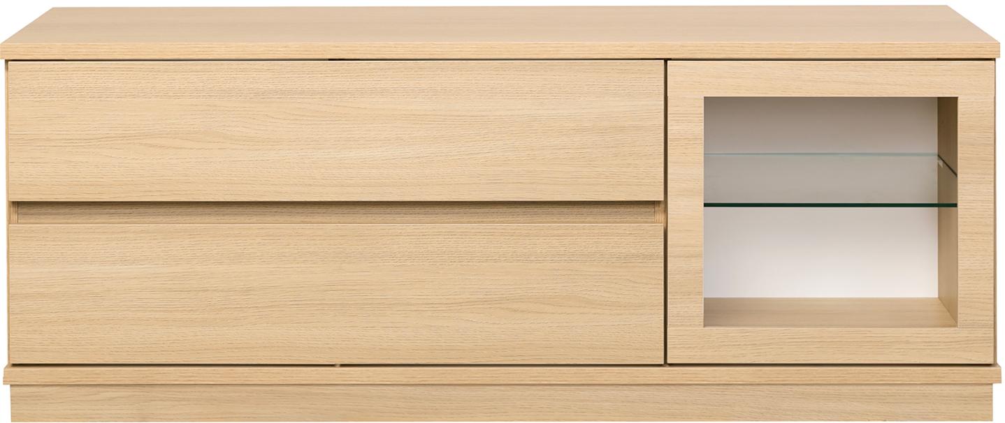 Sata kapp nr. 40. 138 cm, 2 sahtlit + klaasuks paremal, hele tamm, sokkel