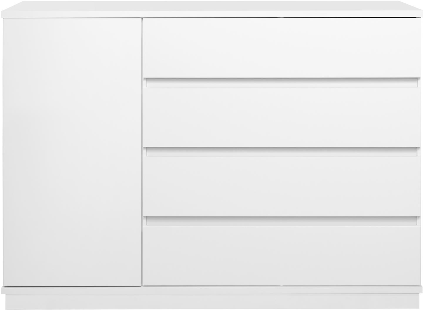 Sata kõrge puhvetkapp nr. 66. 138 cm, 1 uks vasakul + 4 sahtlit, valge, sokkel