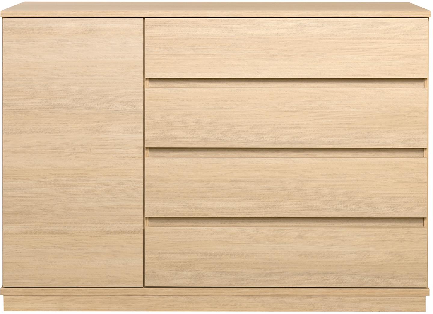 Sata kõrge puhvetkapp nr. 66. 138 cm, 1 uks vasakul + 4 sahtlit, hele tamm, sokkel