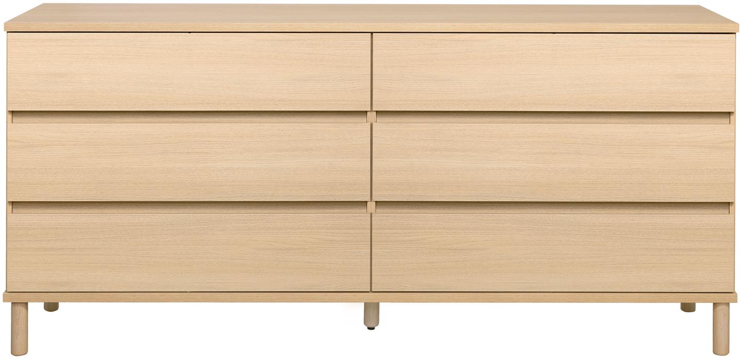 Sata lai puhvetkapp nr. 76. 183 cm, 6 sahtlit, hele tamm, ümar jalg