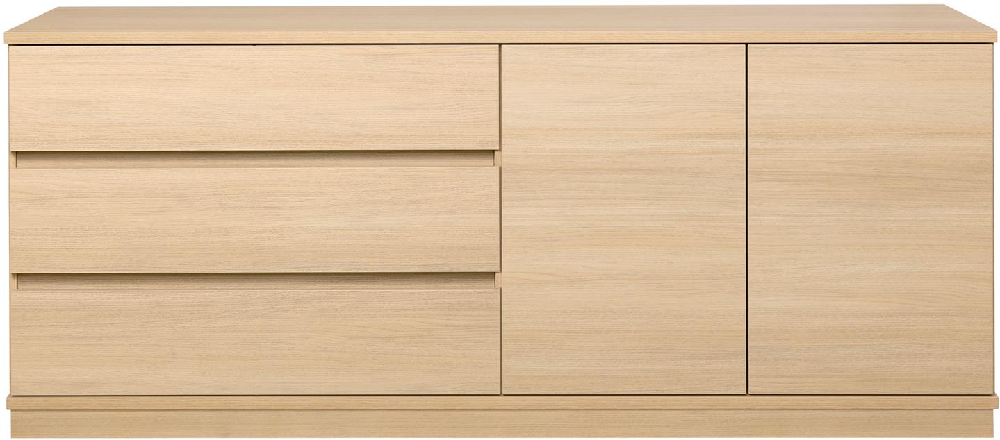 Sata lai puhvetkapp nr. 79. 183 cm, 3 sahtlit vasakul + 2 ust, hele tamm, sokkel