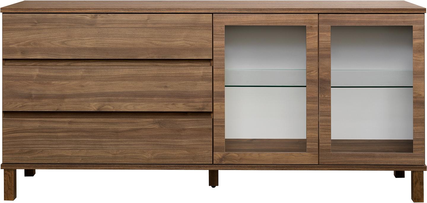 Sata lai puhvetkapp nr. 80. 183 cm, 3 sahtlit vasakul + 2 klaasust, pruun, kandiline jalg