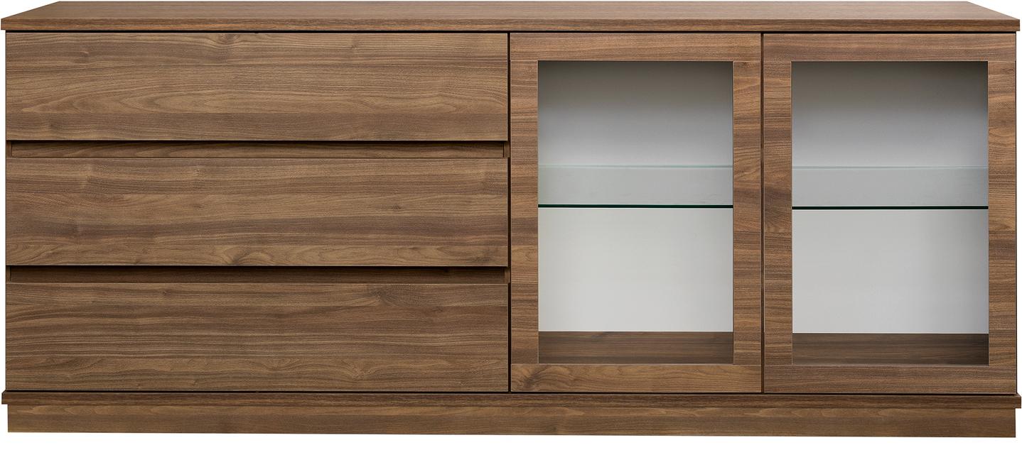 Puhvetkapp Sata lai nr. 80. 183cm 3 sahtlit vasakul + 2 klaasust pruun, sokkel