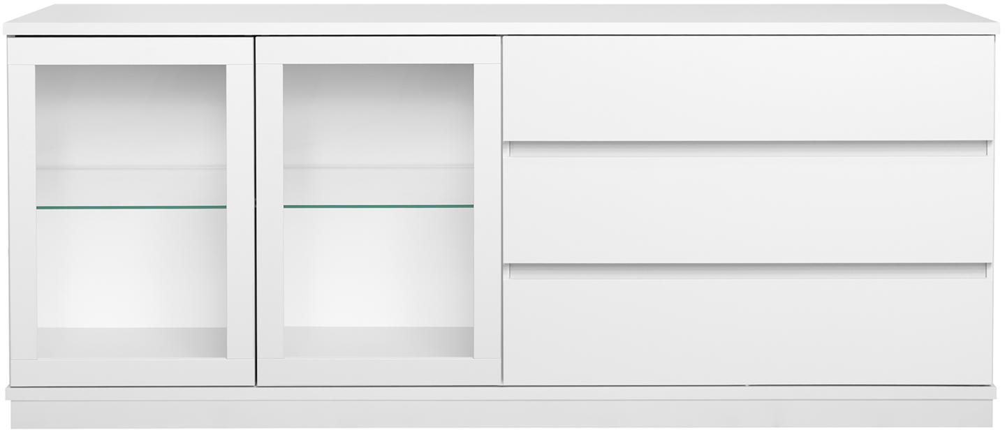 Sata lai puhvetkapp nr. 81. 183 cm, 3 sahtlit paremal + 2 klaasust, valge, sokkel