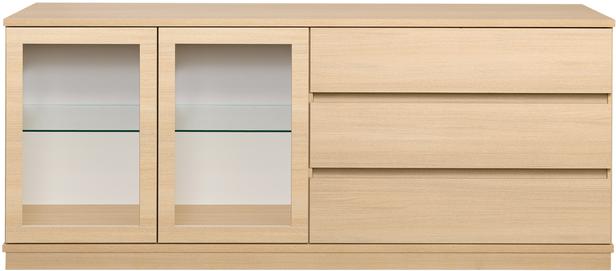 Sata lai puhvetkapp nr. 81. 183 cm, 3 sahtlit paremal + 2 klaasust, hele tamm, sokkel