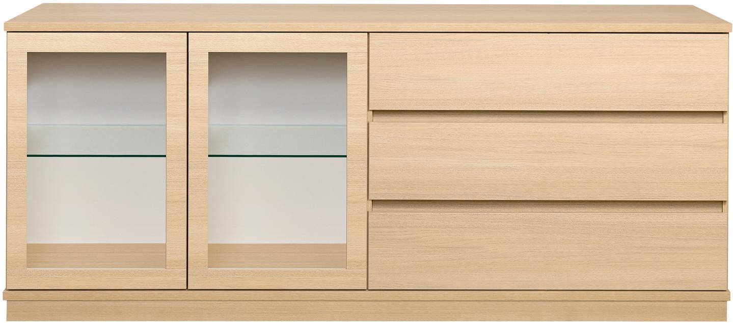 Sata lai puhvetkapp nr. 81. 183 cm, 3 sahtlit paremal + 2 klaasust, hele tamm, sokkel