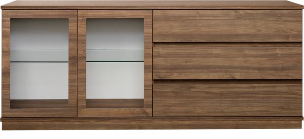 Sata lai puhvetkapp nr. 81. 183 cm, 3 sahtlit paremal + 2 klaasust, pruun, sokkel