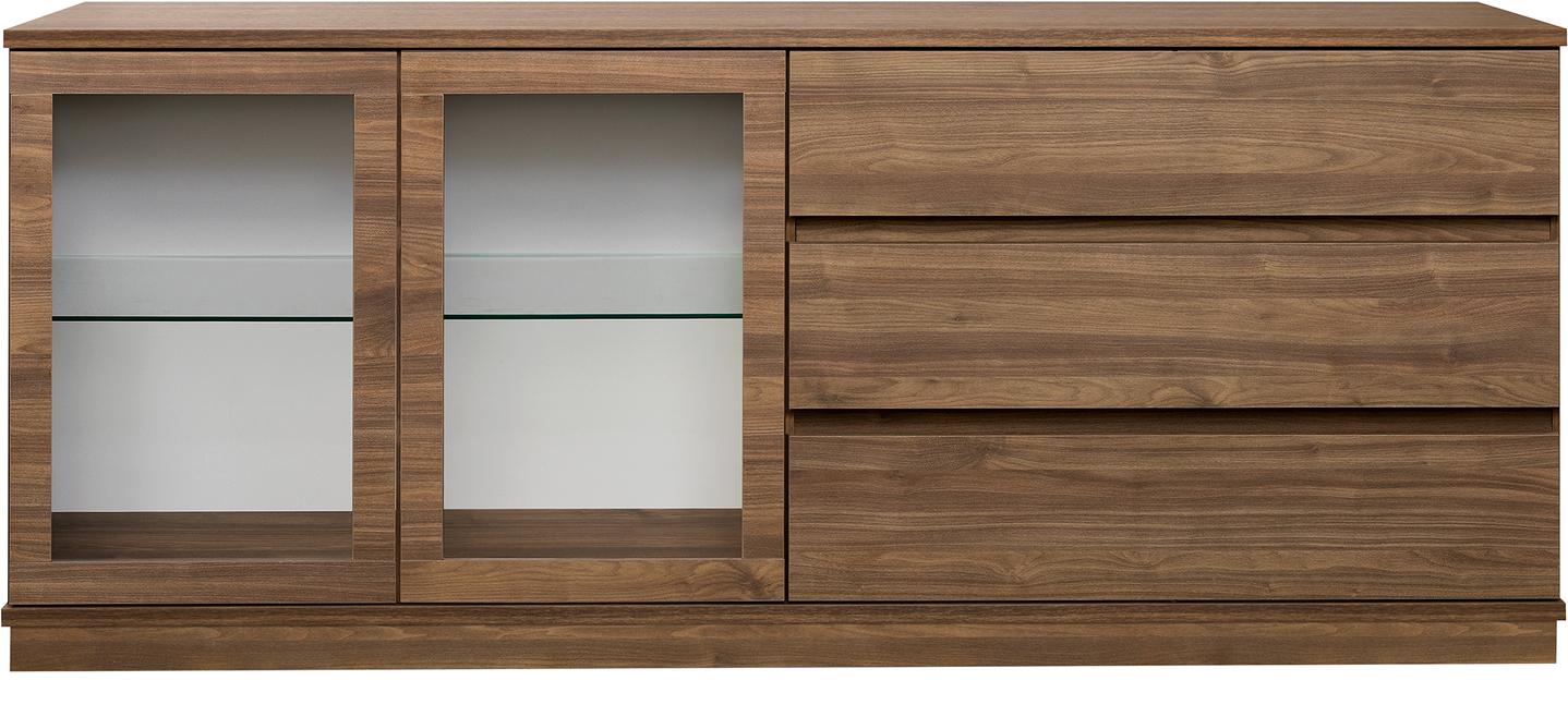 Sata lai puhvetkapp nr. 81. 183 cm, 3 sahtlit paremal + 2 klaasust, pruun, sokkel