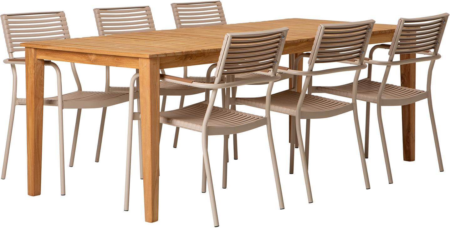 Piemonte & Calle Aiamööbli söögilauakomplekt, 210x90cm, kuuele, tiigipuu/khaki