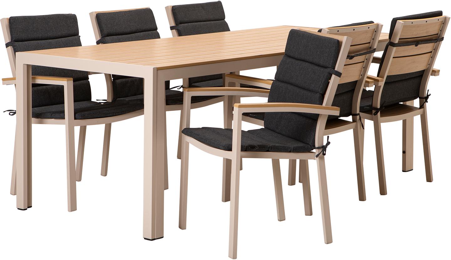 Saarni söögilaua komplekt 205x90, kuuele, tuhapuu/khaki + antratsiit istmepehmendus