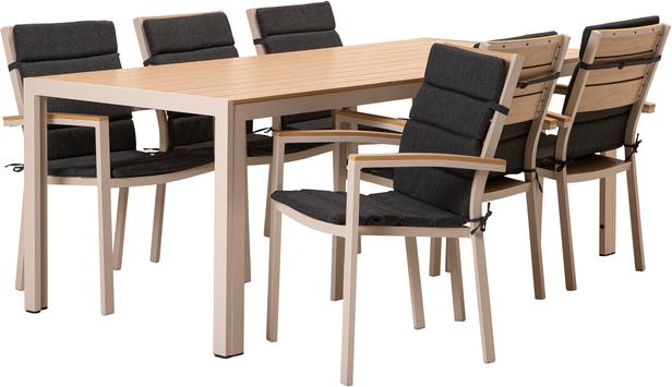 Saarni söögilaua komplekt 205x90, kuuele, tuhapuu/khaki + antratsiit istmepehmendus