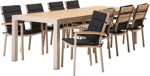Saarni söögilaua komplekt 205-275x95cm, kaheksale, tuhapuu/khaki + antratsiit istmepehmendus