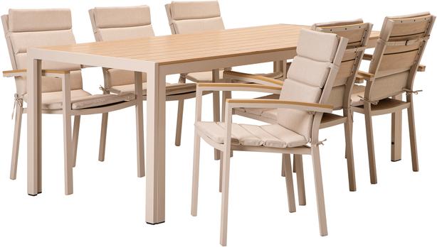 Saarni söögilaua komplekt 205x90, kuuele, tuhapuu/khaki + beež istmepehmendus