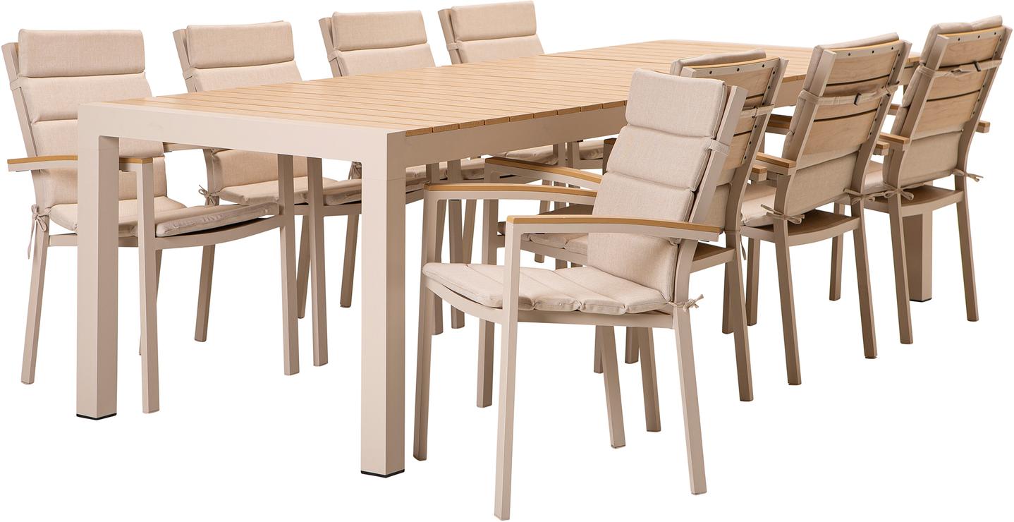 Saarni söögilaua komplekt 205-275x95cm, kaheksale, tuhapuu/khaki + beež istmepehmendus